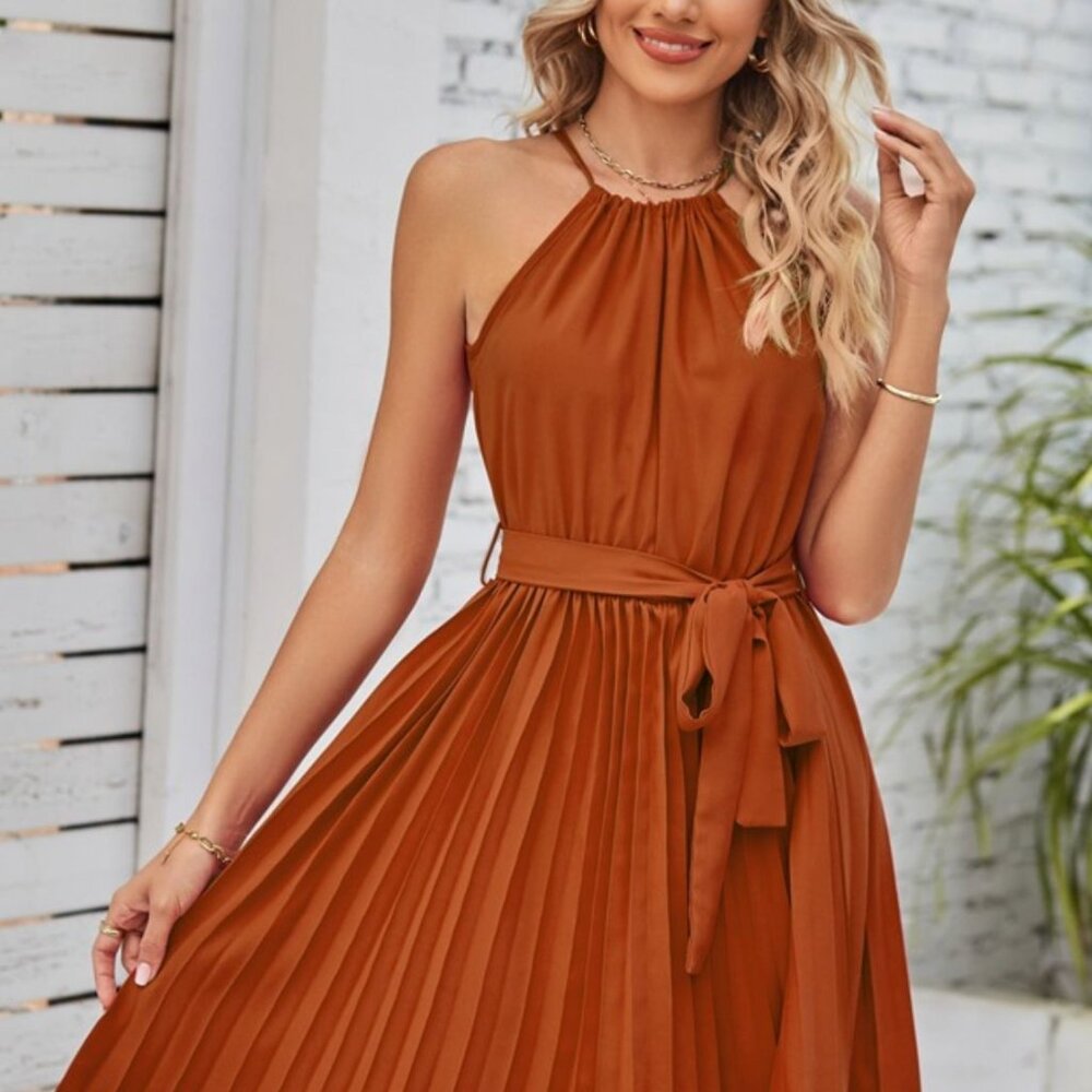 Pleated Tie Waist Sleeveless Mini Dress